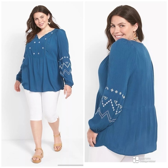 Lane Bryant Ink Blue Classic Split-Neck Embroidered Peasant Boho Top Size 18 - Picture 1 of 10